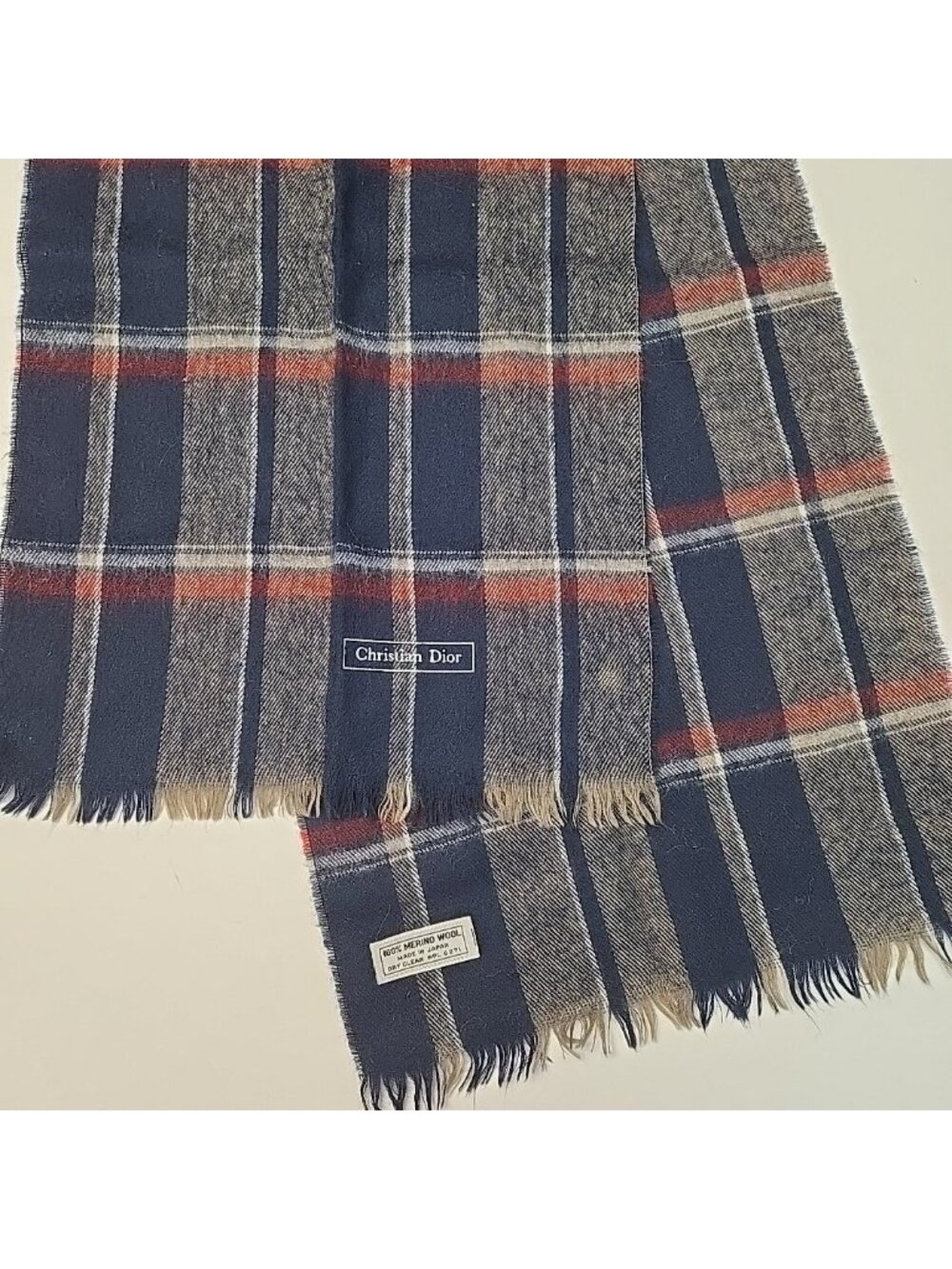 VTG Christian Dior 100% Merino Wool Scarf Plaid Blue Gray Red 80's Made in Japan